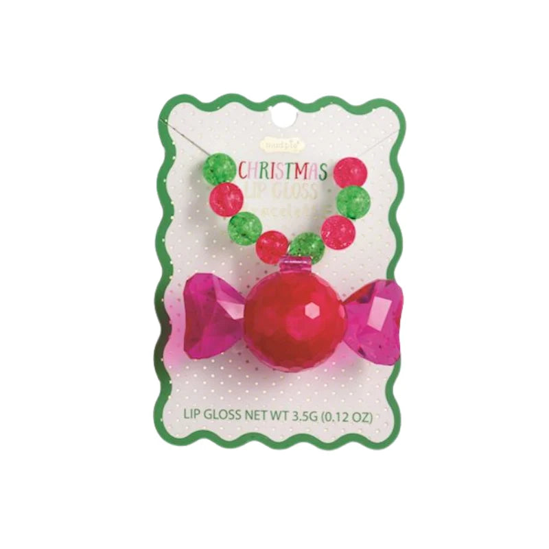Christmas Lip Gloss Bracelet with a candy-shaped charm and red and green beads, 3.5G (0.12 OZ).