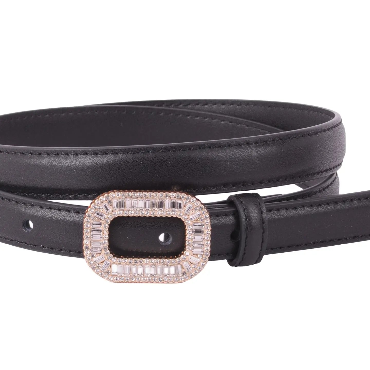 Skinny Rhinestone Buckle Belt: Black genuine leather with a crystal-embellished rectangular buckle in a rose-gold frame. Sizes: S, M, L, XL.