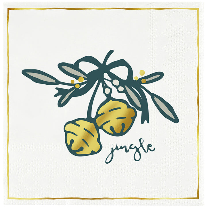 White square cocktail napkin with gold foil border, mistletoe, gold bells, and “jingle” text.