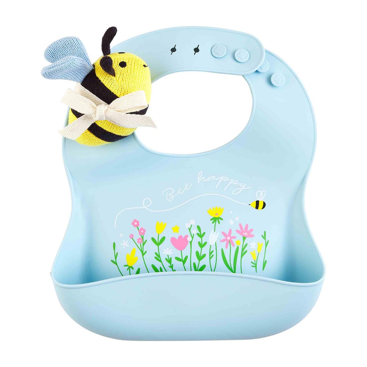 Blue silicone bib with flowers and "Bee Happy" written on it. Includes a plush yellow, black, and blue winged bee rattle