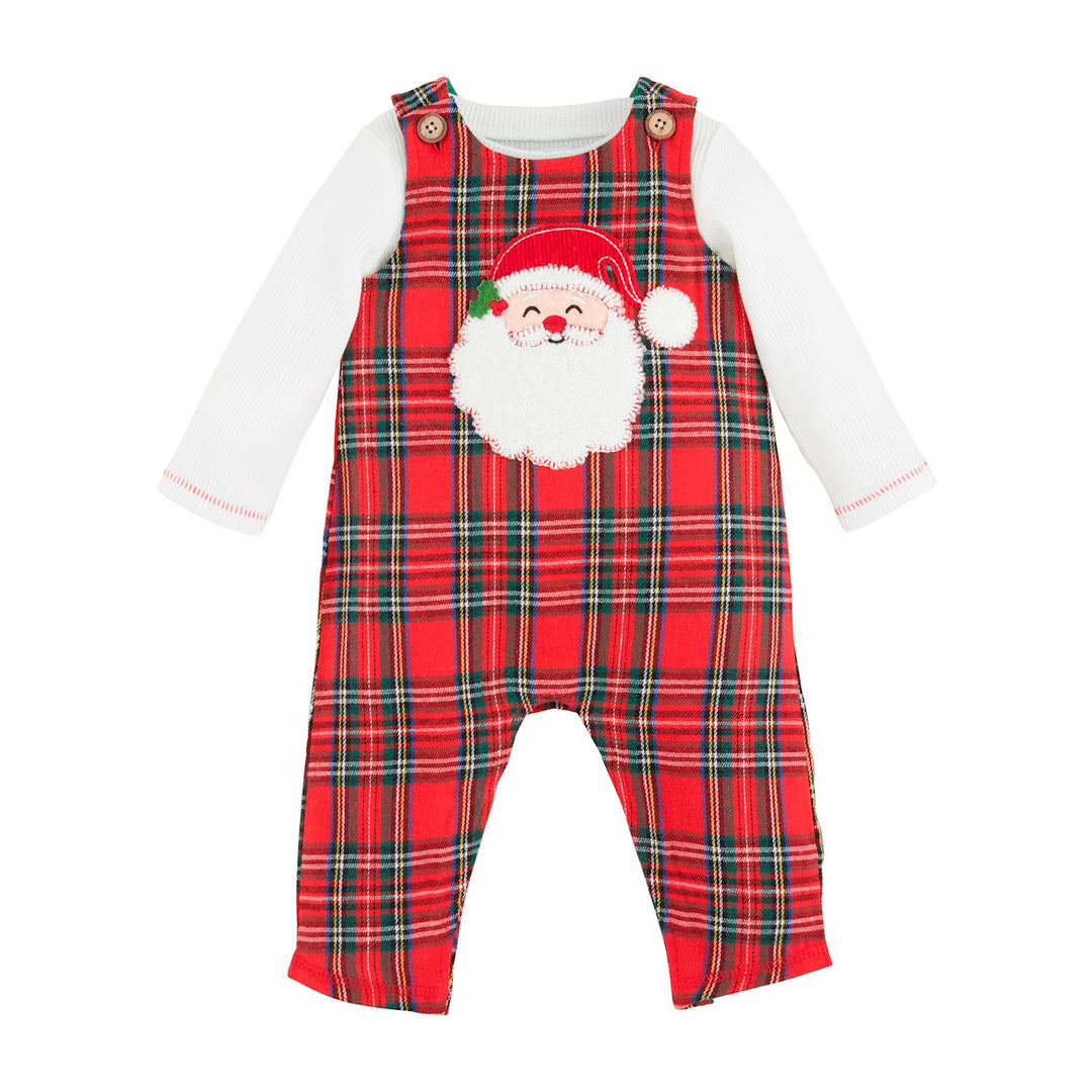 Santa Tartan Longall Set with red plaid longall featuring a Santa appliqué and long-sleeved white ribbed cotton top.