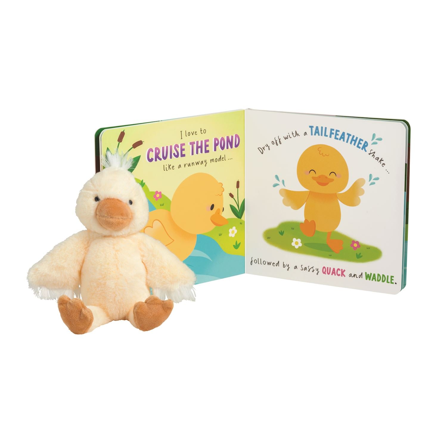 Soft yellow duck plush and toddler board book with duckling art and playful pond story. Sizes: one size set.