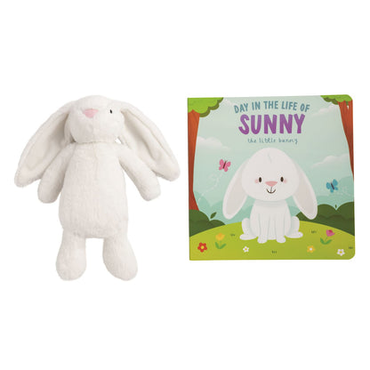 Bunny Book & Plush Set: white plush bunny with floppy ears, plus "Day in the Life of Sunny" board book. Sizes: one size only.