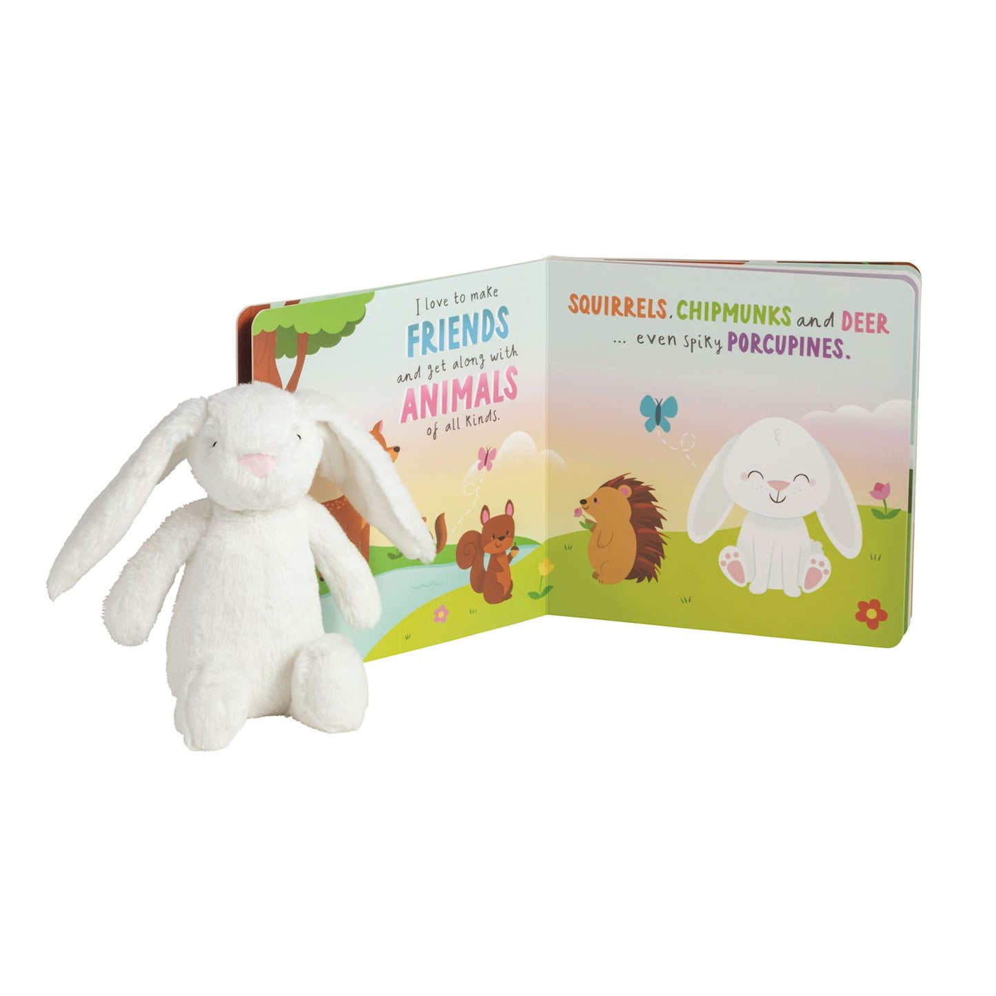 White plush bunny with board book featuring colorful animal illustrations and rhyming text. Sizes available.