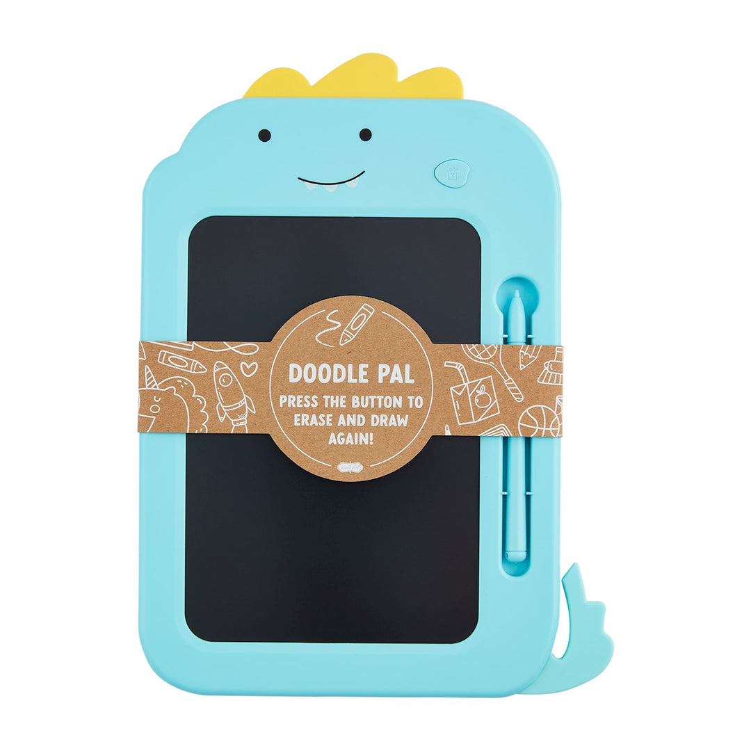 Blue Doodle Board - Design: Dinosaur with yellow ridge, smiling face - Features: Attached stylus, press to erase - Size Available: One size.