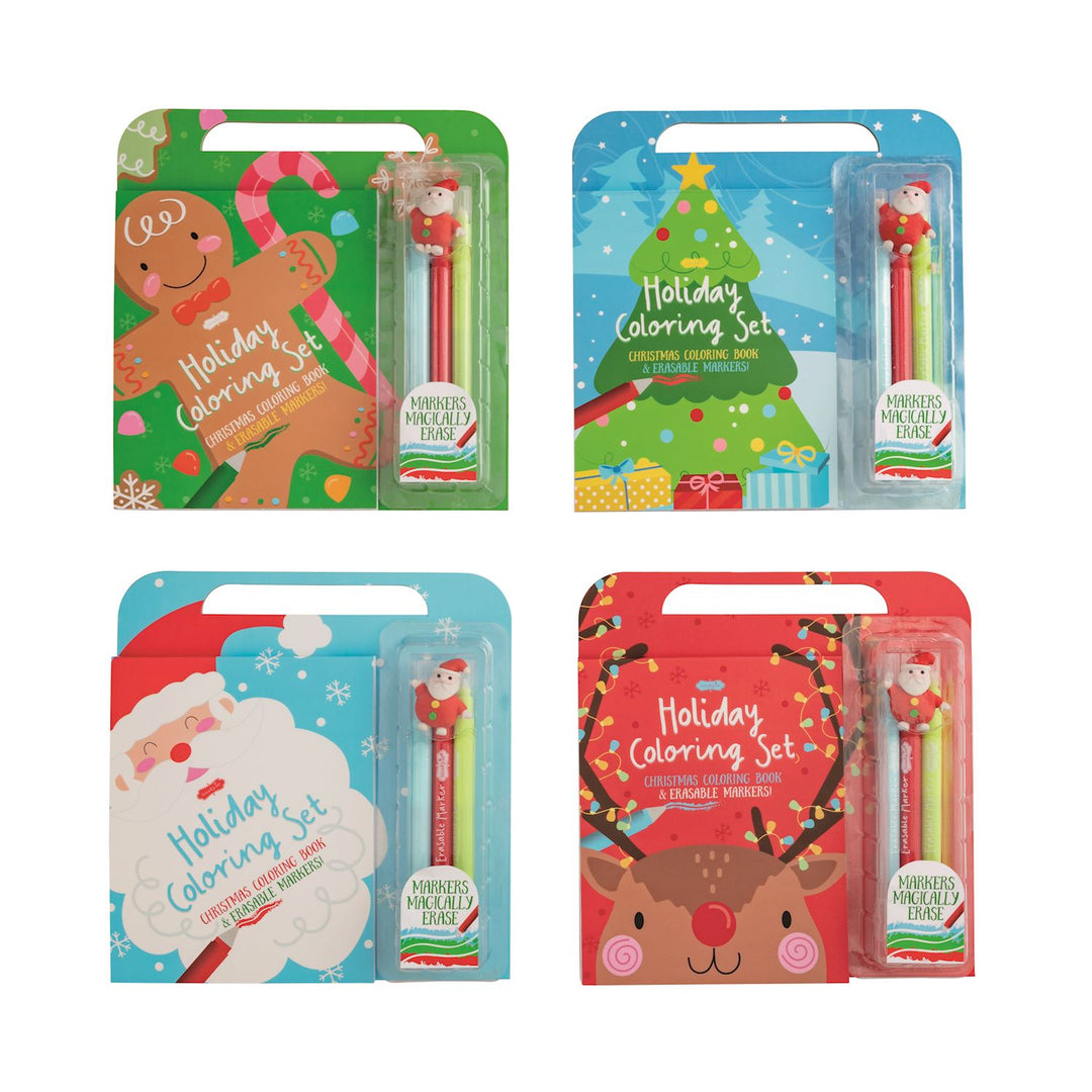 Four Holiday Coloring Book &amp; Erasable Marker Sets, each with Santa or reindeer character toppers.