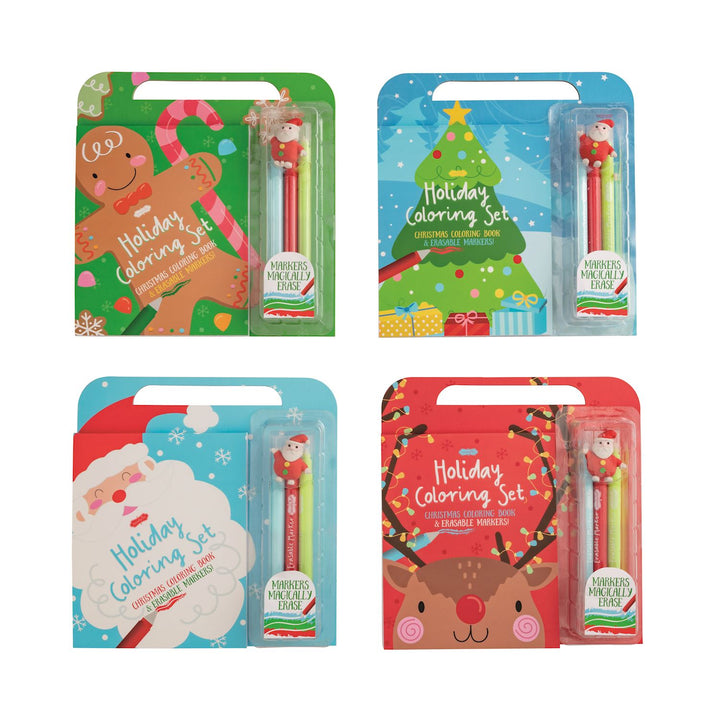 Four Holiday Coloring Book &amp; Erasable Marker Sets, each with Santa or reindeer character toppers.