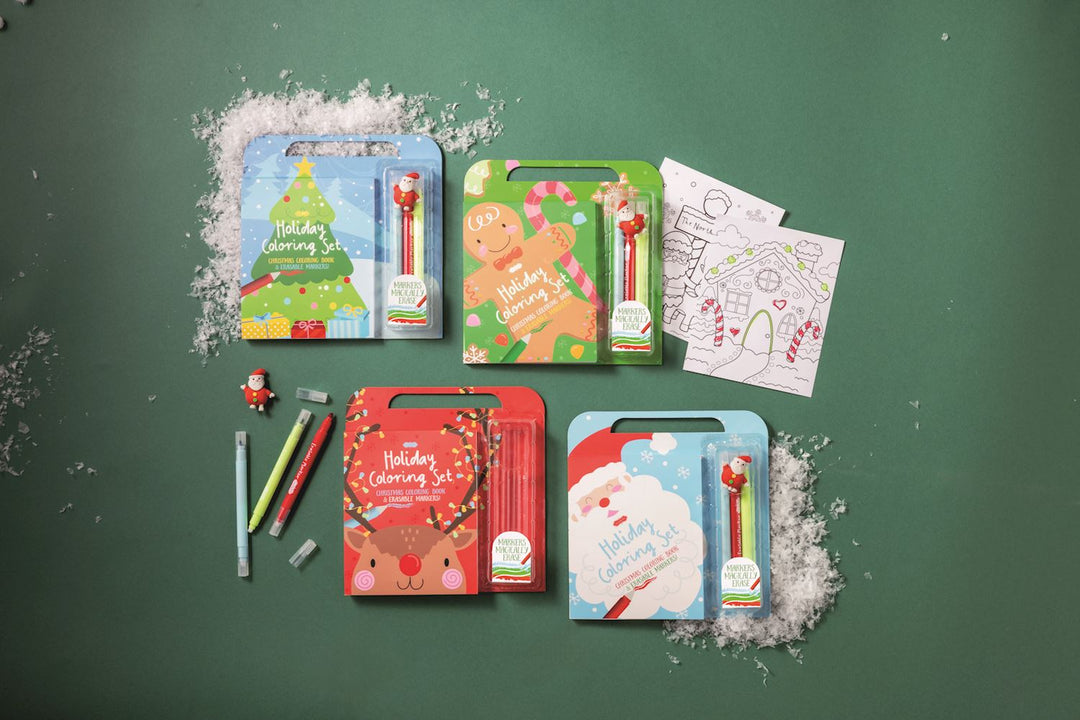 Four Holiday Coloring Book &amp; Erasable Marker Sets in handled packages with markers and coloring pages.