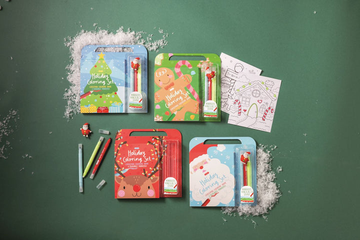 Four Holiday Coloring Book &amp; Erasable Marker Sets in handled packages with markers and coloring pages.