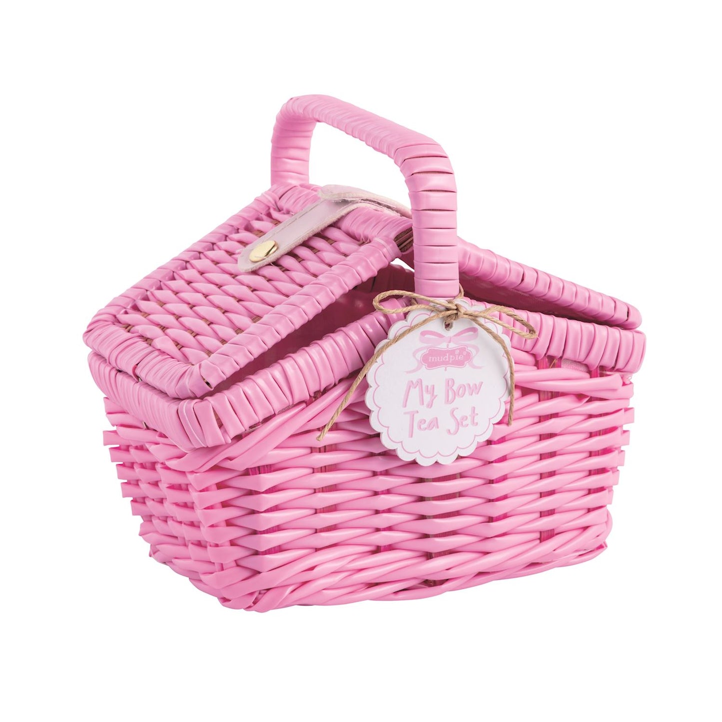 Small pink wicker picnic basket with handle, latch, and "Mini Bow Tea Set" tag. Available in mini size.