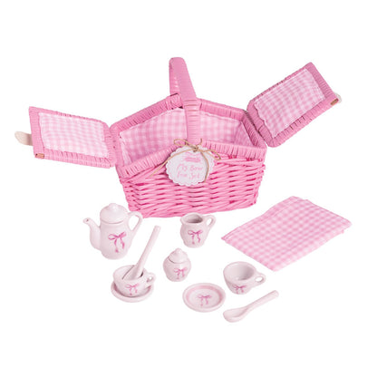 Mini Bow Tea Set: pink wicker basket with gingham lining, pink & white ceramic tea set. Sizes available: mini.