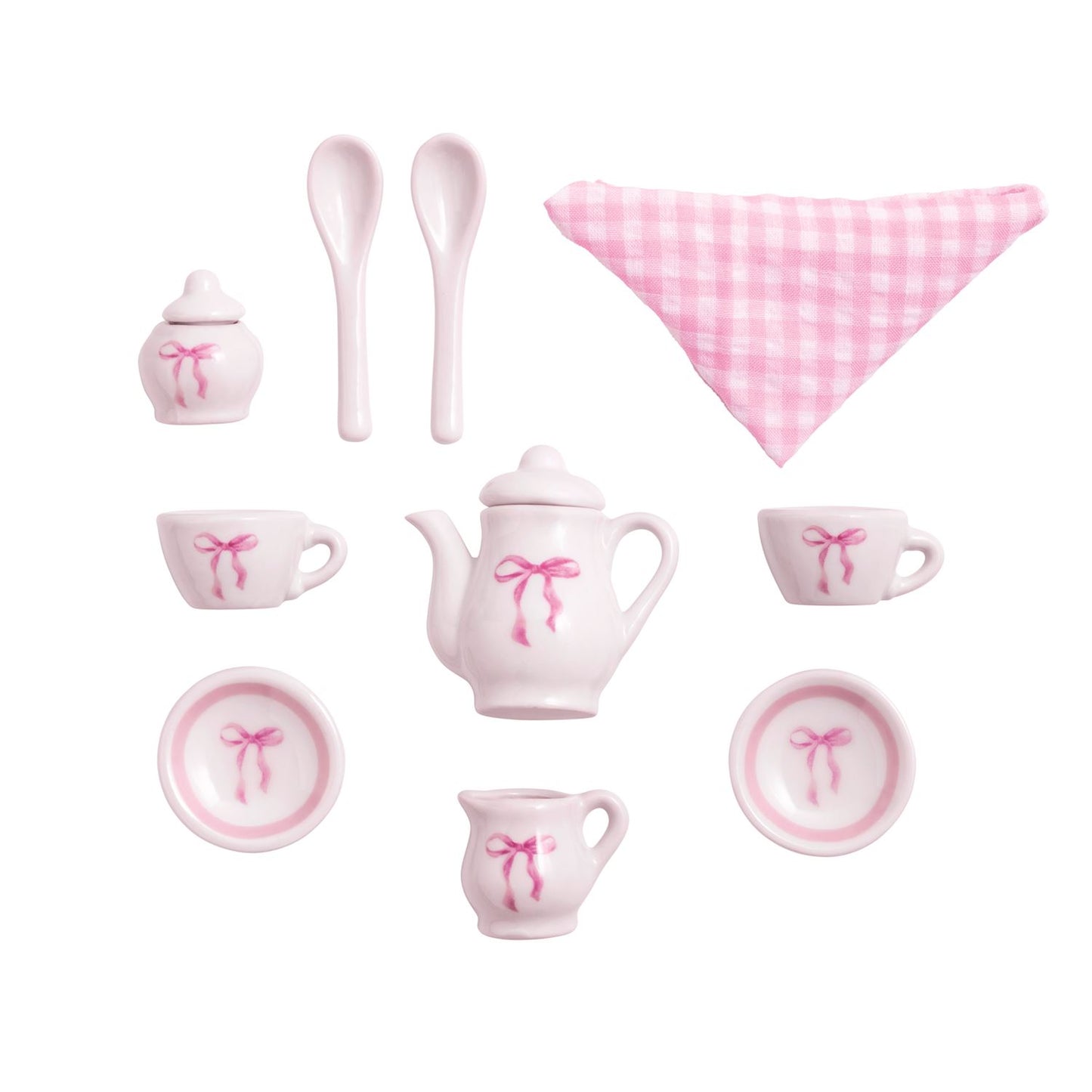 Mini Bow Tea Set: white ceramic with pink bows, includes teapot, creamer, sugar bowl, cups, saucers, spoons. Child size.