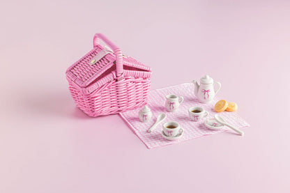 Mini Bow Tea Set with cups, saucers, teapot, and two cookies. Available in small and mini sizes.