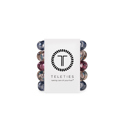 TELETIES Hair Ties 5-pack, thick, colorful coils. White logo label reads “taking care of your hair.” Available in multiple sizes.
