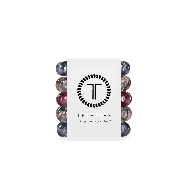 TELETIES Hair Ties 5-pack, thick, colorful coils. White logo label reads “taking care of your hair.” Available in multiple sizes.