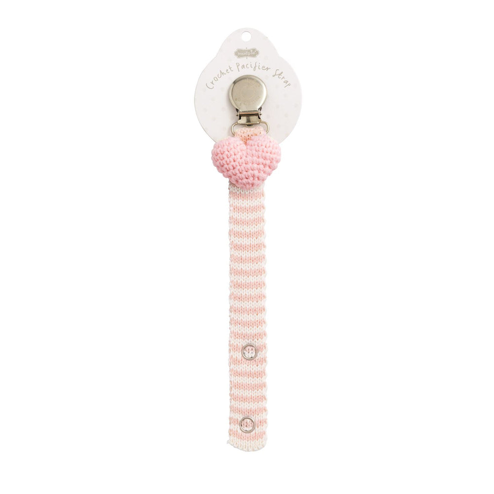 Crochet Pacy Clip with pink/white stripes, pink heart top, metal clasp. Available in 12 styles and multiple sizes.