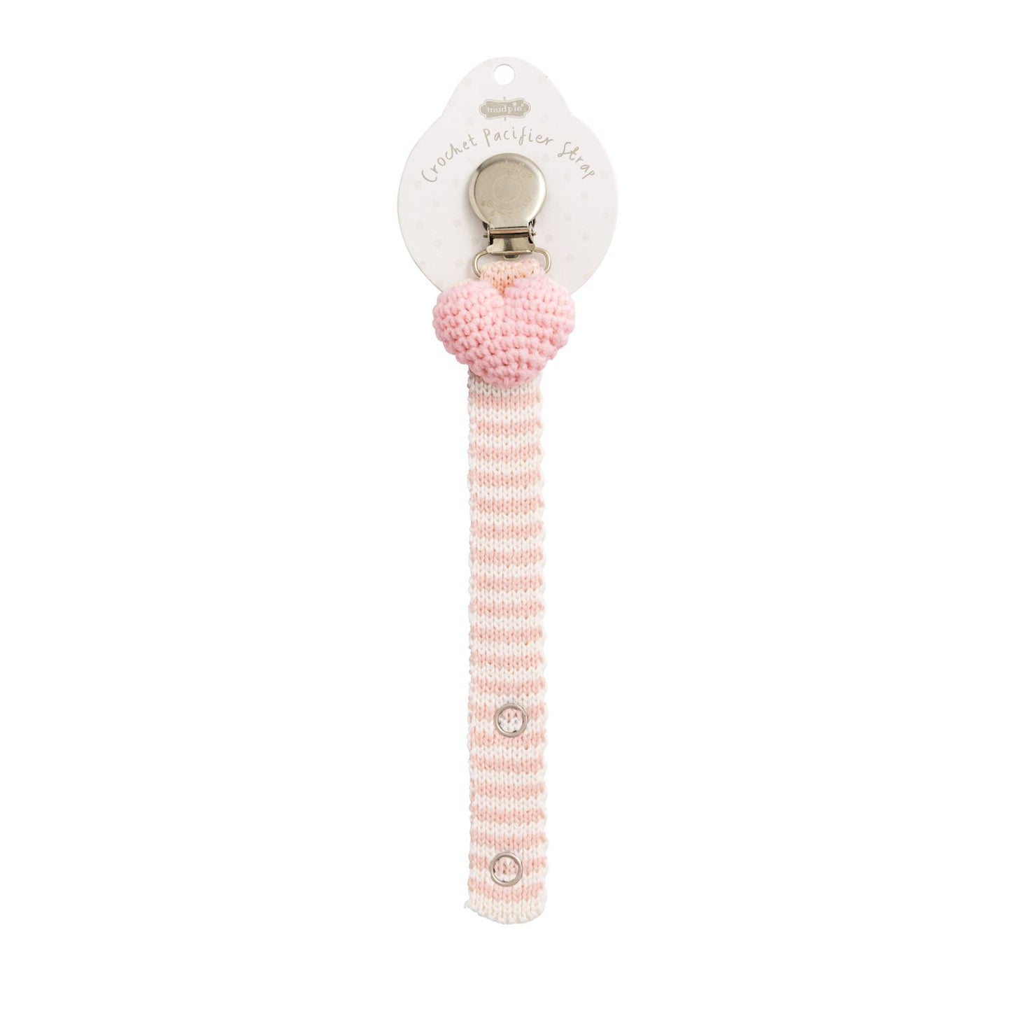 Crochet Pacy Clip with pink/white stripes, pink heart top, metal clasp. Available in 12 styles and multiple sizes.