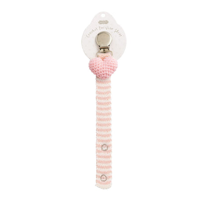 Crochet Pacy Clip with pink/white stripes, pink heart top, metal clasp. Available in 12 styles and multiple sizes.