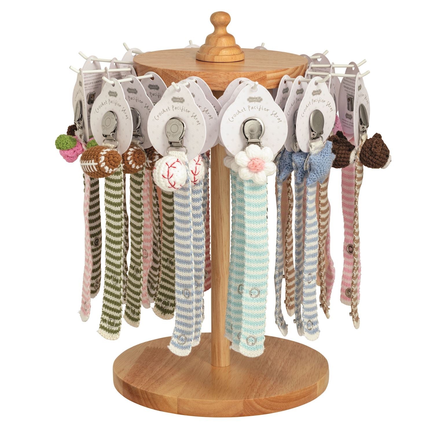 Crochet Pacy Clip in 12 styles, including baseball, strawberry, acorn, and flower. Available in multiple sizes.