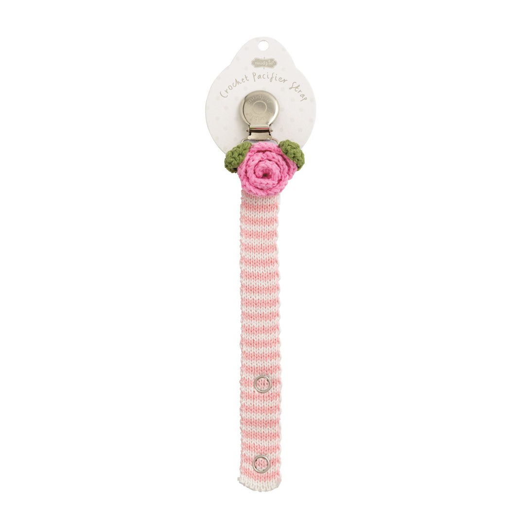 Crochet Pacy Clip in 12 styles with pink/white stripes, metal clasp, pink rose. Available in multiple sizes.