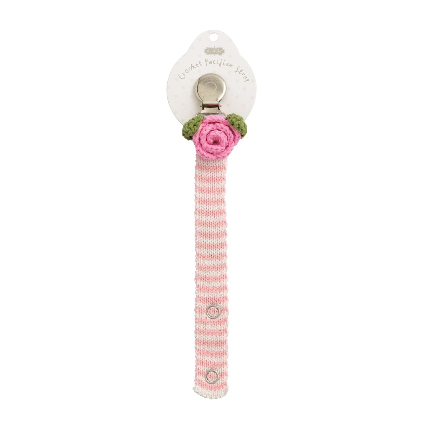 Crochet Pacy Clip in 12 styles with pink/white stripes, metal clasp, pink rose. Available in multiple sizes.