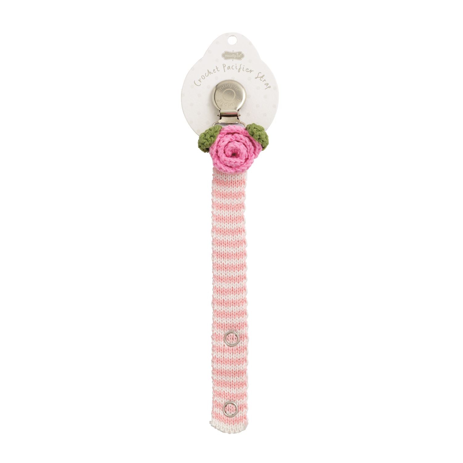 Crochet Pacy Clip in 12 styles with pink/white stripes, metal clasp, pink rose. Available in multiple sizes.
