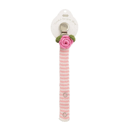 Crochet Pacy Clip in 12 styles with pink/white stripes, metal clasp, pink rose. Available in multiple sizes.