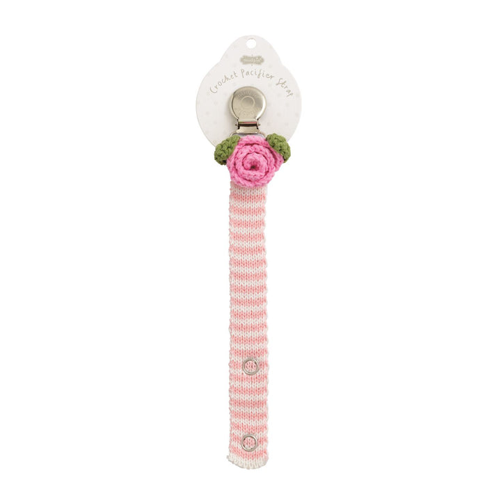 Crochet Pacy Clip in 12 styles with pink/white stripes, metal clasp, pink rose. Available in multiple sizes.