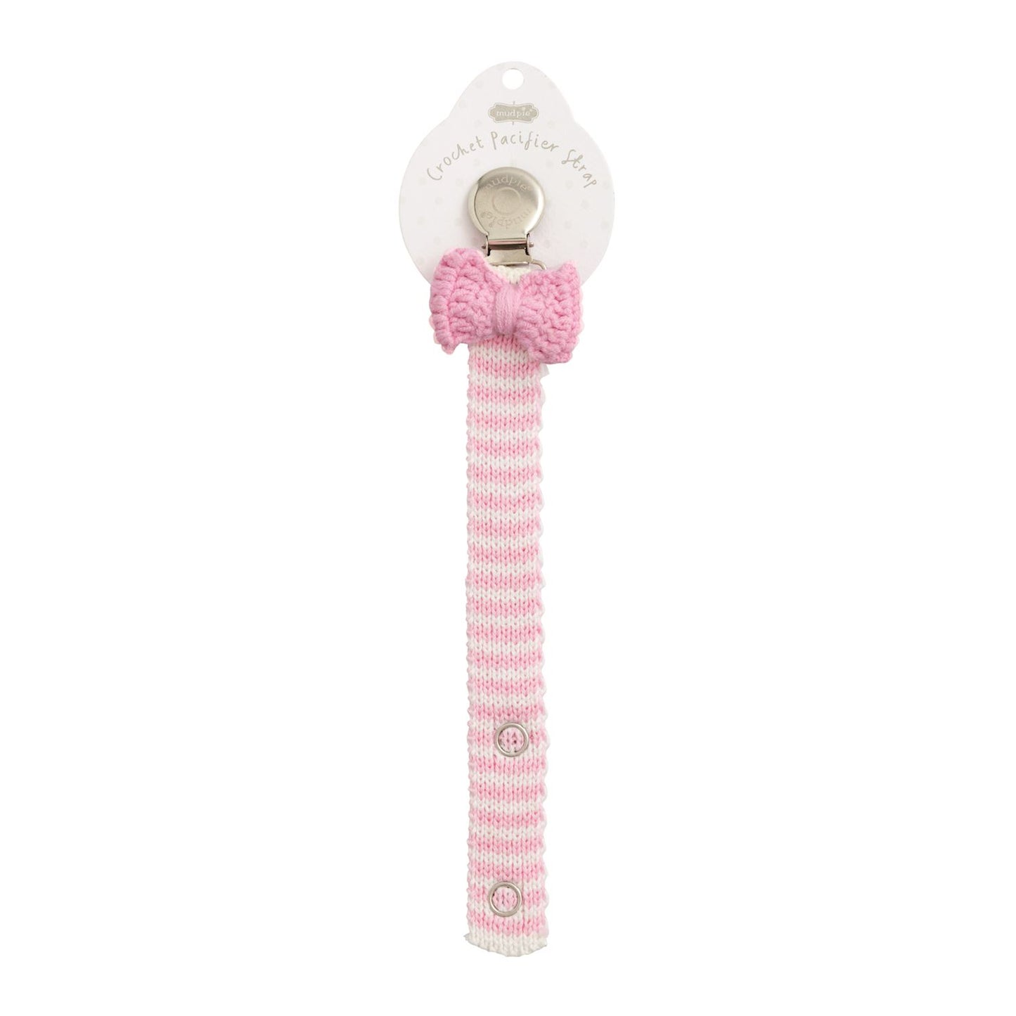 Pink and white crochet pacifier clip with pink bow, button closure. Available in 12 styles. Size info not shown.