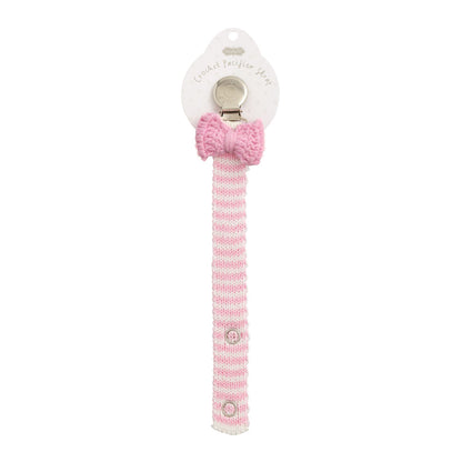 Pink and white crochet pacifier clip with pink bow, button closure. Available in 12 styles. Size info not shown.