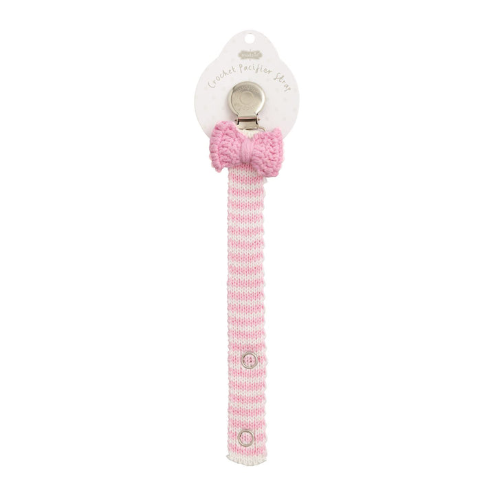 Pink and white crochet pacifier clip with pink bow, button closure. Available in 12 styles. Size info not shown.