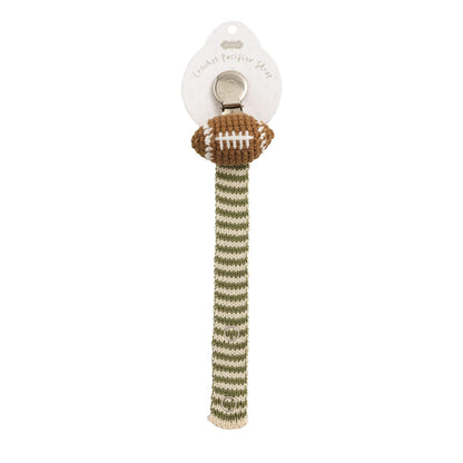 Crochet Pacy Clip with brown football design and green-white striped strap; available in 12 styles.