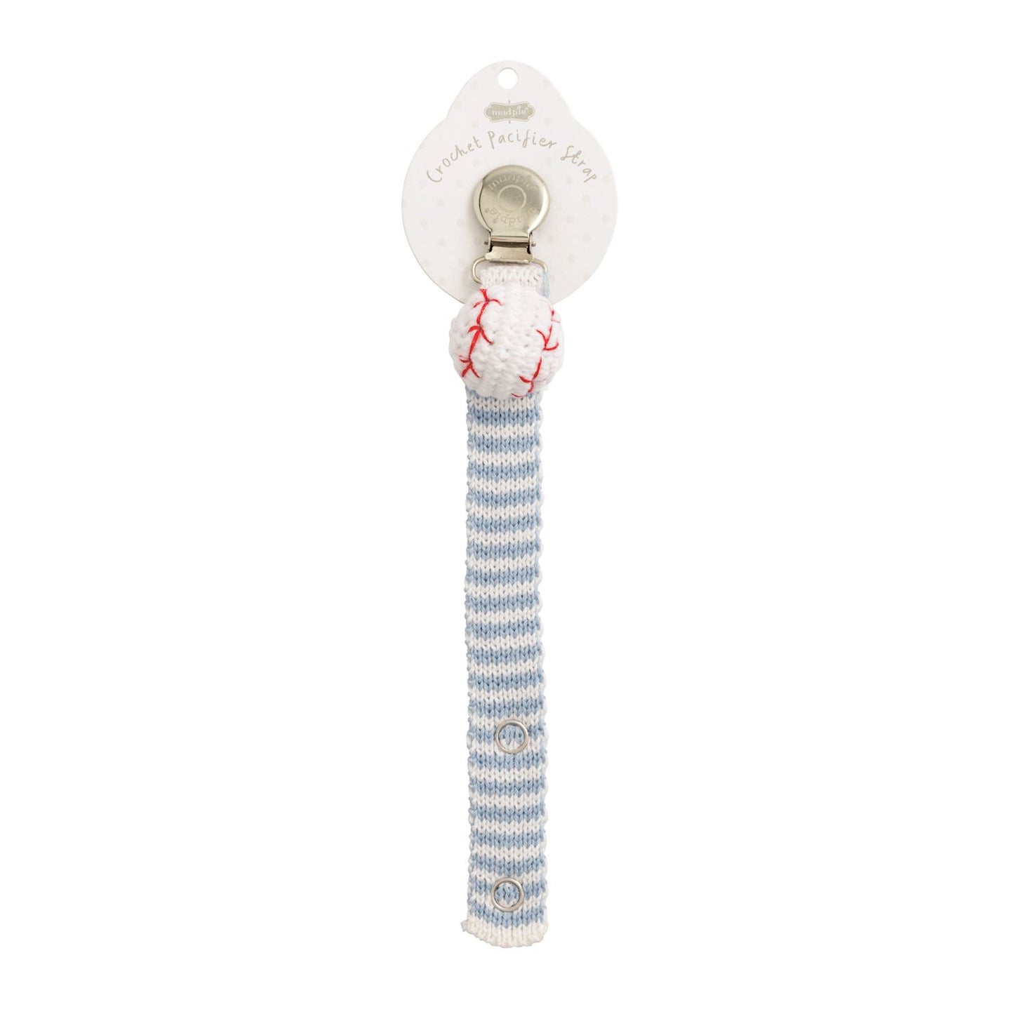 Blue and white striped crochet pacifier clip with round baseball accent, sturdy metal clip. Available in 12 styles.