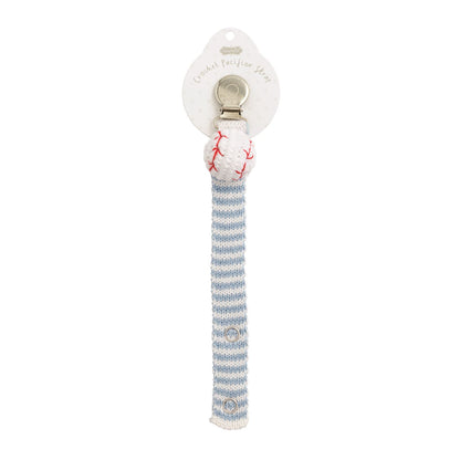 Blue and white striped crochet pacifier clip with round baseball accent, sturdy metal clip. Available in 12 styles.