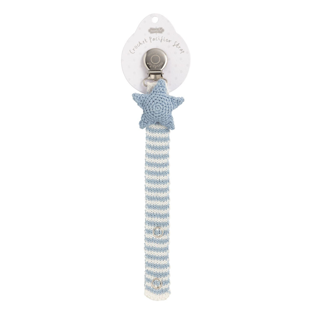 Blue and white striped crochet pacifier clip with blue star; available in 12 styles. Sizes: standard.