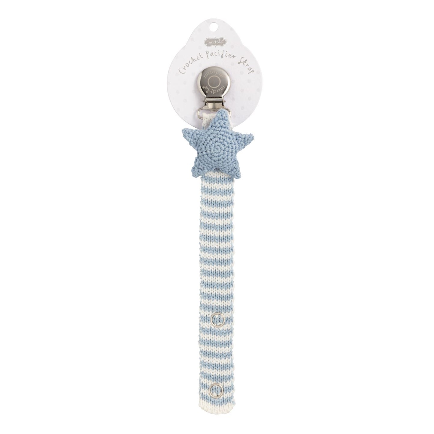 Blue and white striped crochet pacifier clip with blue star; available in 12 styles. Sizes: standard.