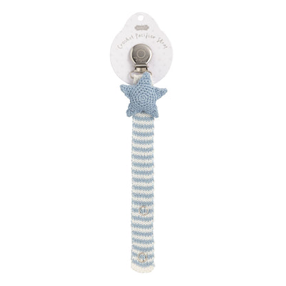 Blue and white striped crochet pacifier clip with blue star; available in 12 styles. Sizes: standard.