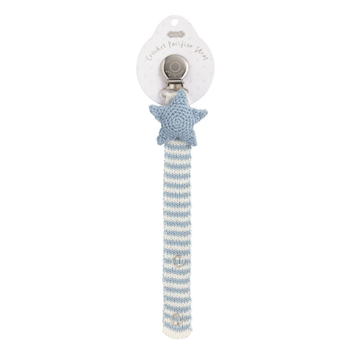 Blue and white striped crochet pacifier clip with blue star; available in 12 styles. Sizes: standard.