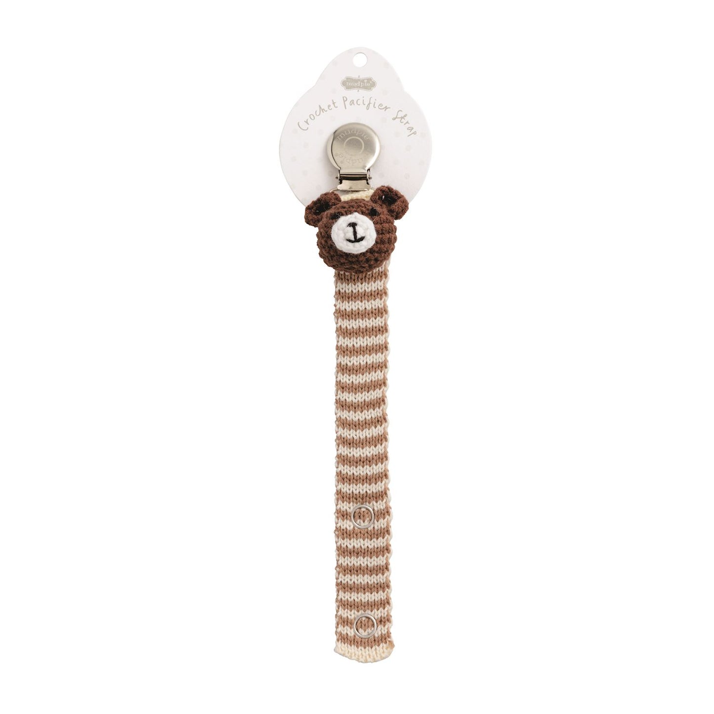 Brown and beige striped crochet pacifier clip with bear face, available in 12 styles. Sizes: standard.