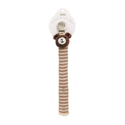 Brown and beige striped crochet pacifier clip with bear face, available in 12 styles. Sizes: standard.