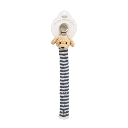Blue and white striped crochet pacifier clip with a beige dog head and metal clip; available in 12 styles.