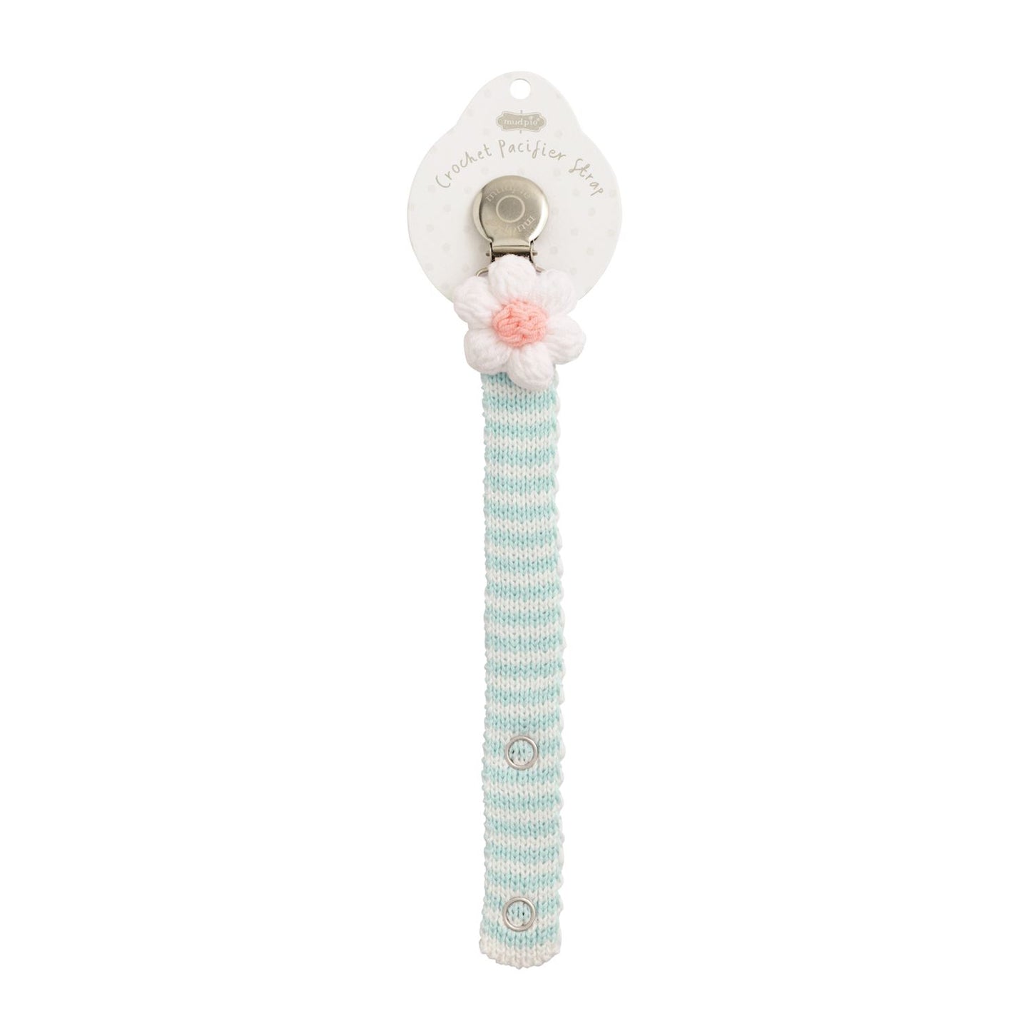 Crochet Pacy Clip: pastel blue/white stripes, metal clip, pink-white crochet flower. Available in 12 styles. Sizes: one size.