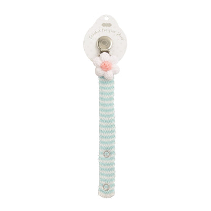 Crochet Pacy Clip: pastel blue/white stripes, metal clip, pink-white crochet flower. Available in 12 styles. Sizes: one size.