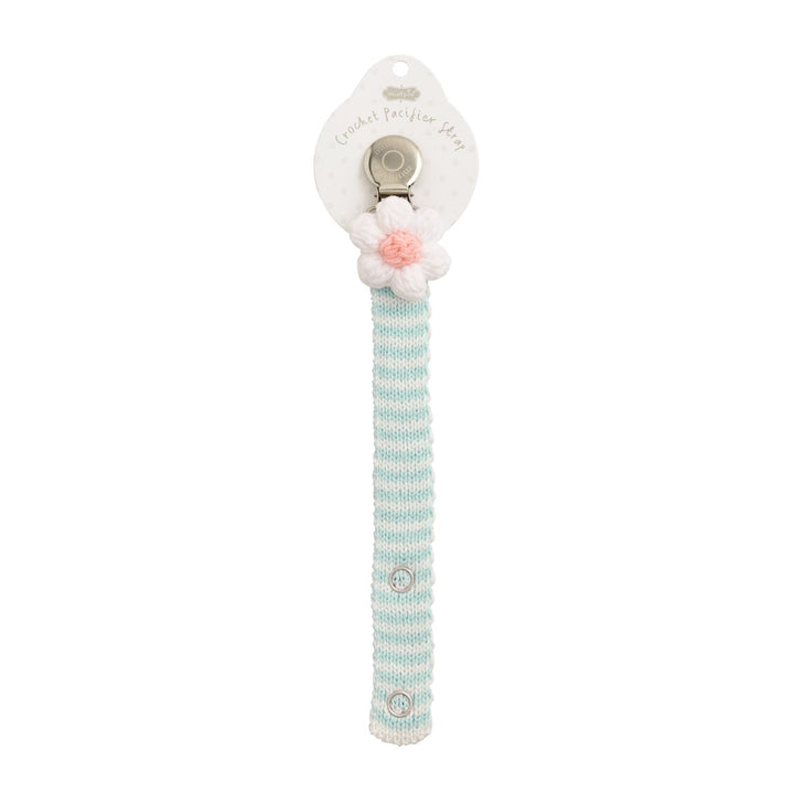 Crochet Pacy Clip: pastel blue/white stripes, metal clip, pink-white crochet flower. Available in 12 styles. Sizes: one size.