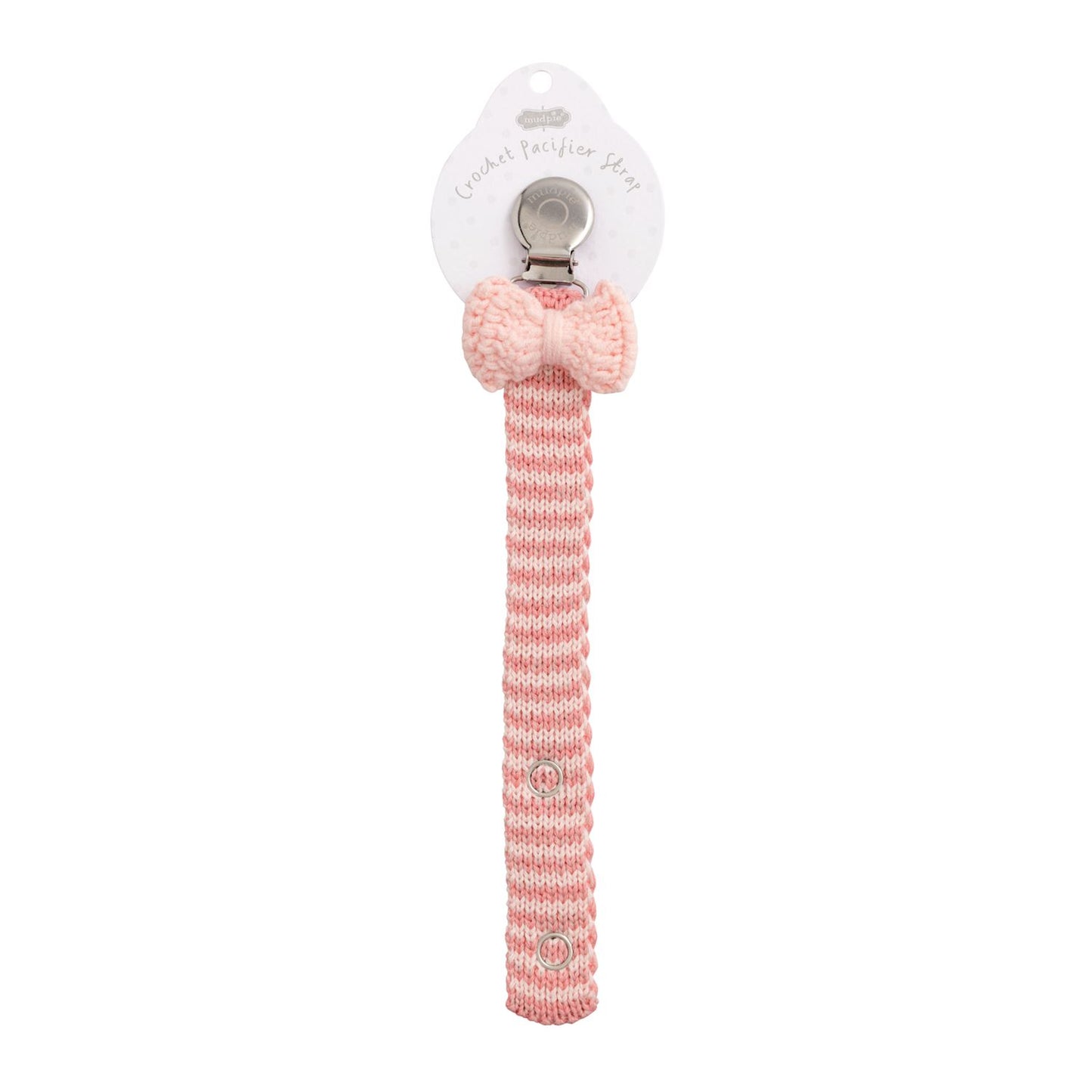 Pink and white crochet pacifier clip with bow, metal clasp. Available in 12 styles. Sizes available: not specified.
