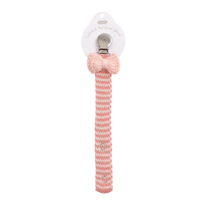 Pink and white crochet pacifier clip with bow, metal clasp. Available in 12 styles. Sizes available: not specified.