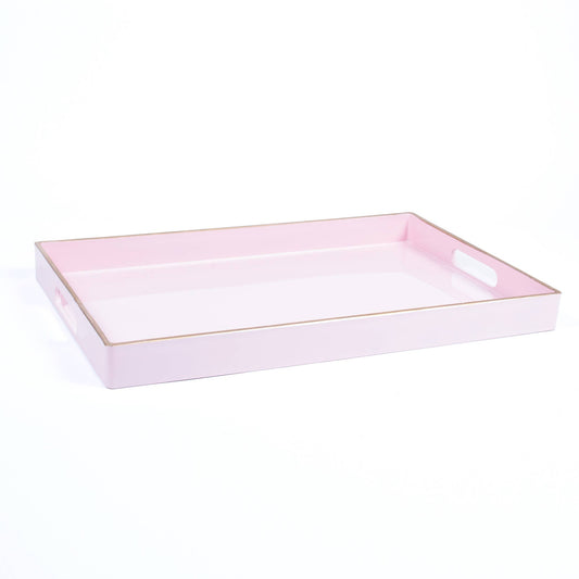 Pink resin tray with gold trim and cutout handles on short sides. Available sizes: Small, Medium, Large.