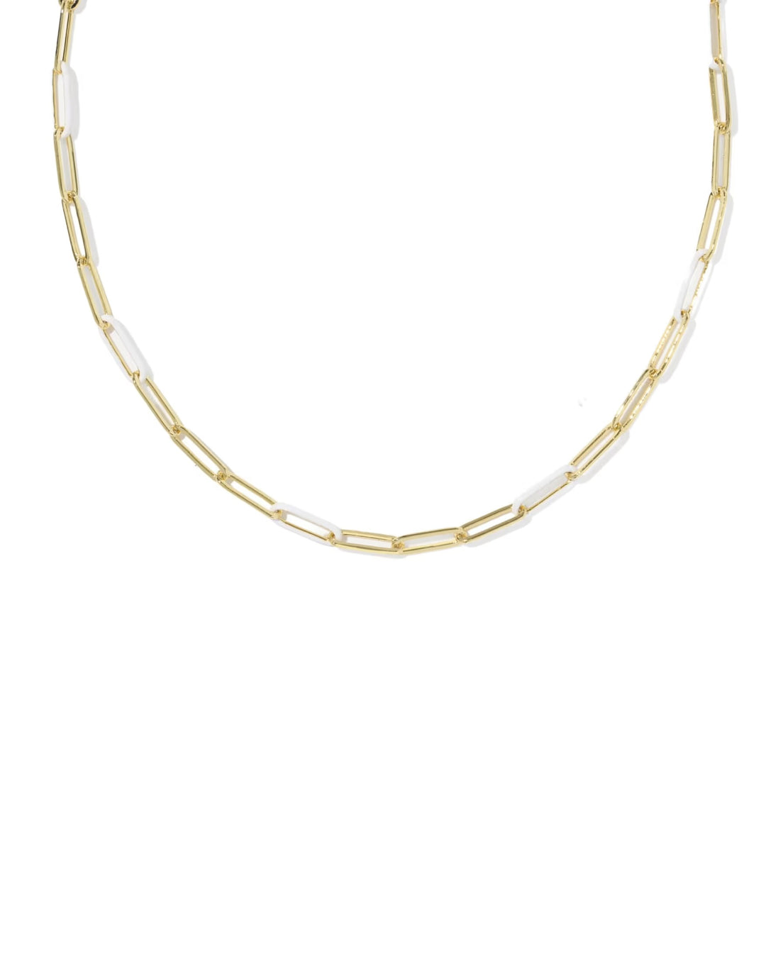 The Courtney Enamel Link Necklace by Kendra Scott features elongated gold rectangular links with white enamel accents. Available sizes: 18-inch length.