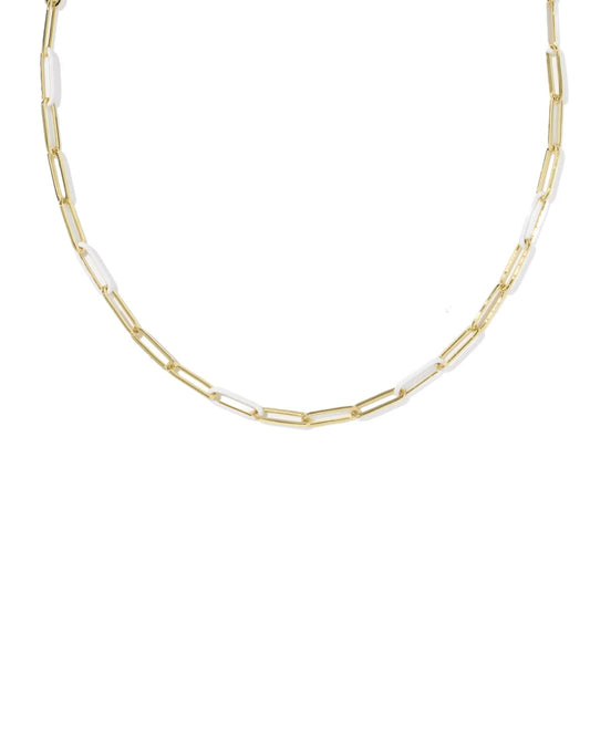 The Courtney Enamel Link Necklace by Kendra Scott features elongated gold rectangular links with white enamel accents. Available sizes: 18-inch length.