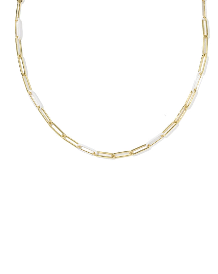The Courtney Enamel Link Necklace by Kendra Scott features elongated gold rectangular links with white enamel accents. Available sizes: 18-inch length.